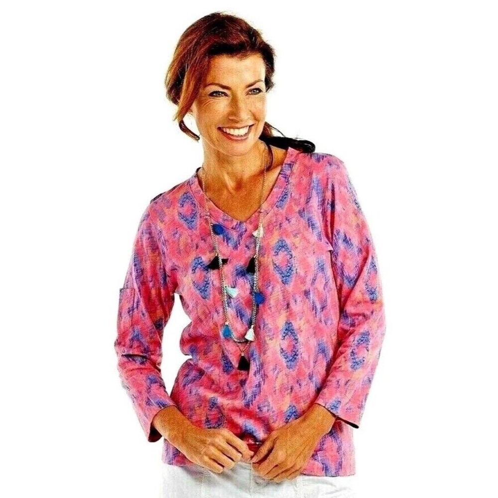 Fresh Produce Sunset Sky Print 3/4 Sleeve Cotton Top Papaya Pink XXL